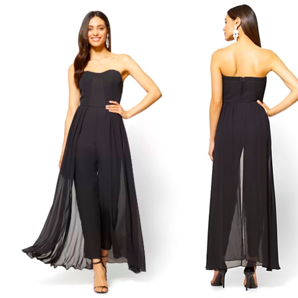 Pleated Strapless Jumpsuit with Chiffon Overlay